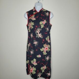 Vintage La Femme Midi Black and Red Qipao Style Cherry Blossom Dress Size 8